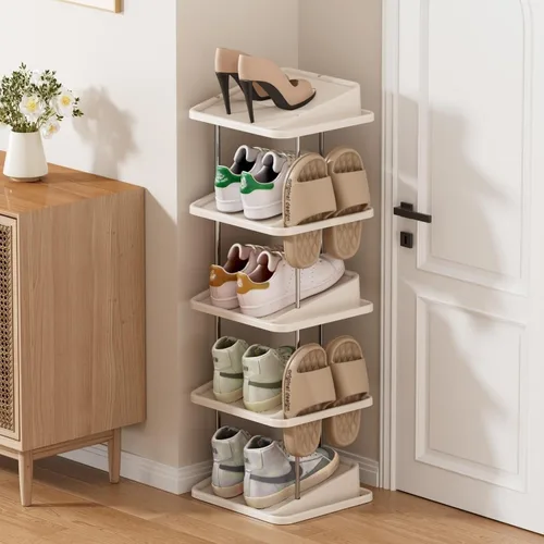 Vista 8 de Zapatero vertical apilable de 5 niveles para 10 pares, torre de zapatos estrecha, ahorro de espacio, para entrada, sala de estar, dormitorio Negro