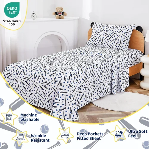 Vista 3 de Viviland 3 Pieces Boys Twin Sheets Set Kids, Baseball Printed Sheets