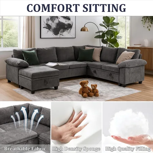 Vista 5 de Sofá modular modular de 108 pulgadas con cama extraíble, sofá cama en forma Gris