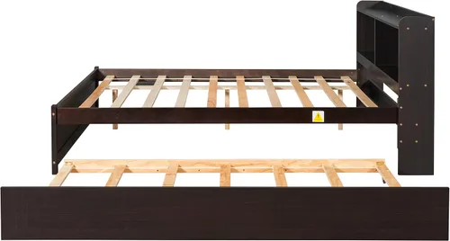 Vista 4 de Polibi Cama de plataforma de tamaño matrimonial con nido individual y estantería, cama de plataforma de almacenamiento de madera con cabecera