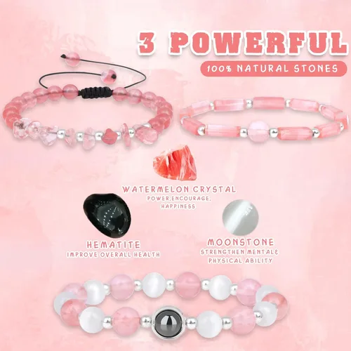 Vista 4 de Risyfjew Pulseras de amatista para mujer, pulsera de cuentas curativas de piedra natural, alivio del estrés y la ansiedad, cristales de sandía
