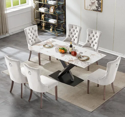 Vista 2 de Juego de mesa de comedor de mármol blanco de lujo para 6, 70 pulgadas, mesa de comedor de mármol blanco con 6 sillas de terciopelo beige y base