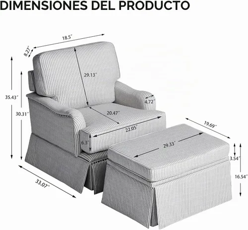 Vista 2 de Silla decorativa giratoria con otomana de almacenamiento, gris a rayas