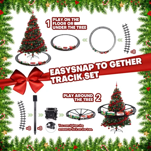 Vista 6 de Juego de tren de Navidad 2 en 1 para colgar alrededor del árbol, juguetes para niños pequeños con pista de lujo, sonido y humo, juego de juguetes