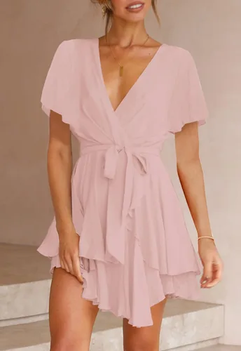 Vista 2 de Ferlema Vestido corto de verano para mujer, cuello en V, manga corta, lazo en la cintura, casual, acampanado, con vuelo