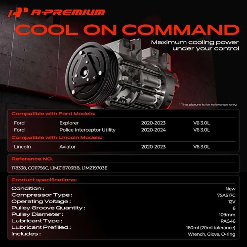 Vista 2 de A-Premium Compresor de A/C con embrague compatible con Ford Explorer 3.0L 2020-2023, Police Interceptor Utility 3.0L 2020-2023, Lincoln Aviator 3.0L