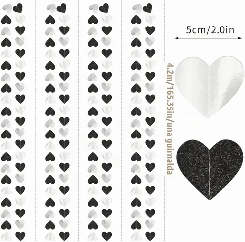 Vista 2 de Guirnalda de corazones para decoración de fiesta en negro, blanco y plata - 52 pies para cumpleaños de 21 años, víspera de Año Nuevo, fondo Blace
