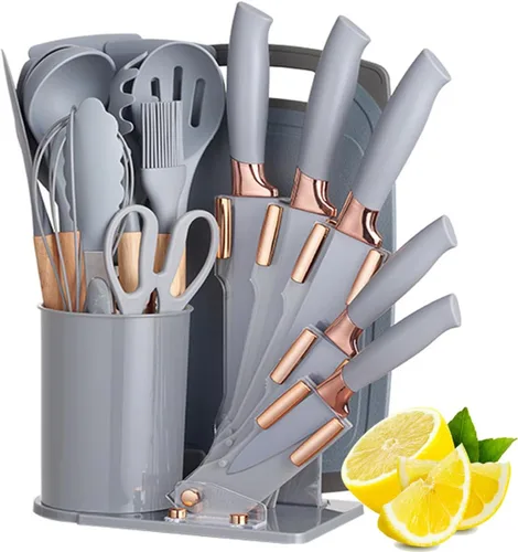 Vista 10 de Juego de utensilios de cocina y cuchillos de cocina de 19 piezas con bloque de soporte, incluye 11 utensilios de cocina de silicona, 5 cuchillos