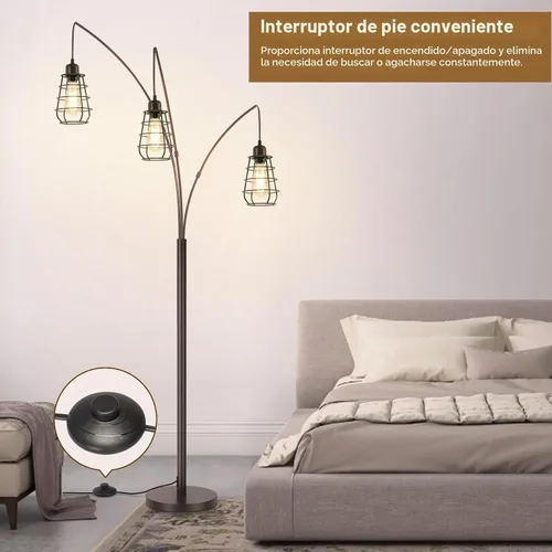 Vista 5 de Lámpara de Pie Industrial, Lámpara de Pie de Arco de 3 Luces para Sala de Estar, Lámpara de Pie Alta de 76 Pulgadas con Pantallas de Jaula de Metal