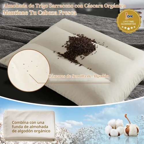 Vista 6 de Almohada de trigo sarraceno con funda de almohada de algodón orgánico, almohada de trigo sarraceno orgánico de 20 x 26 pulgadas con caja deflectora