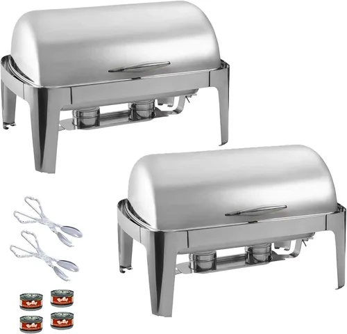 Vista 8 de TigerChef - Juego de platos de bufé de acero inoxidable con tapa enrollable, juego de calentador de bufé con 2 pinzas de gel combustible y plástico
