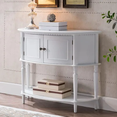 Vista 4 de Mesa consola de madera de goma semicircular, mesa decorativa de madera maciza con estante de piso para pasillo, porche, entrada, sala de estar