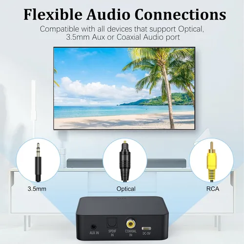 Vista 3 de Receptor óptico Bluetooth 5.0 transmisor para TV a auriculares con control de volumen, adaptador de audio inalámbrico de baja latencia compatible