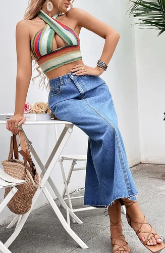 Vista 5 de Falda de mezclilla casual de cintura alta con botones para mujer