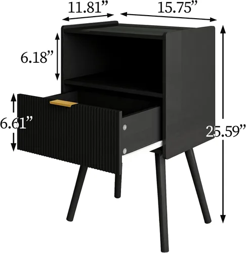 Vista 2 de Veegle Mesita de noche, moderna mesita de noche con cajón de almacenamiento y estante de madera abierta, mesita de noche decorativa con patas