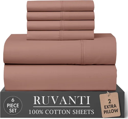Vista 18 de RUVANTI Juego de sábanas de 4 piezas de algodón 100% natural de percal suave, ligero y transpirable, con bolsillos profundos de 16 pulgadas