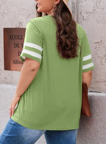 Vista 17 de Eytino Blusas de talla grande para mujer, cuello en V, manga corta, a rayas, casual, holgada, con bolsillo (1X-5X)
