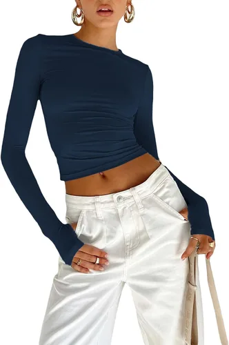 Vista 20 de Blusa corta básica casual para mujer, ajustada, manga larga, cuello redondo, color sólido, para otoño, camiseta ajustada Albaricoque