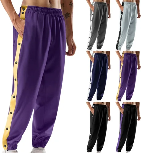 Vista 3 de Pantalones deportivos para hombre, con abertura lateral, con botones a presión, a rayas, pantalones deportivos casuales de entrenamiento