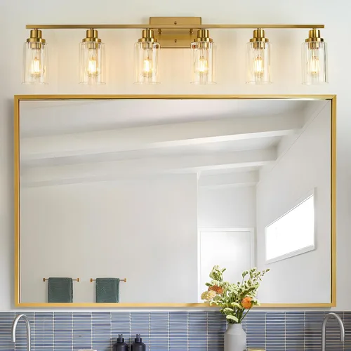 Vista 16 de Jonsi Accesorios de iluminación de baño dorados, 2 luces de tocador de oro cepillado con pantalla de vidrio estriada, luces modernas sobre espejo