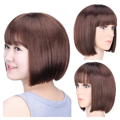 Vista 29 de Pelucas Bob con flequillo, peluca de cabello castaño rojizo de 10 Caoba