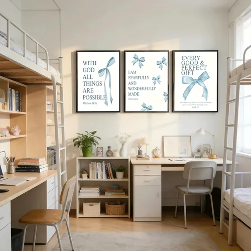 Vista 5 de 3 piezas de arte de pared con lazo azul inspirador, pintura bíblica preppy, decoración de pared, arco azul, pósteres de la Biblia, impresiones