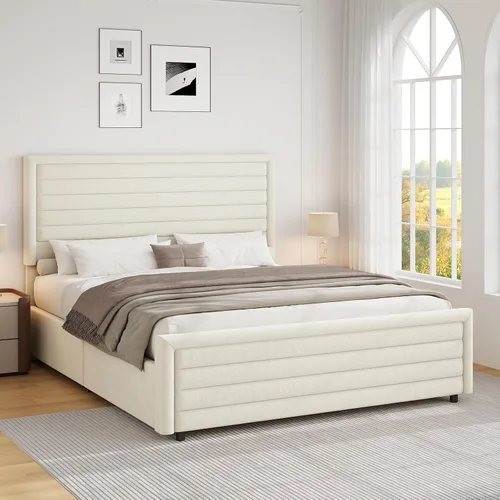 Vista 7 de REVOMINCA Armazón de cama tamaño completo (Full Size), plataforma tapizada con cabecera y pie de cama de terciopelo, base de colchón con listones