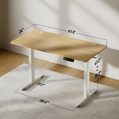 Vista 3 de Escritorio eléctrico de altura ajustable, escritorio de pie sentado de 48 x 24 pulgadas, escritorio ergonómico para computadora con 2 ganchos