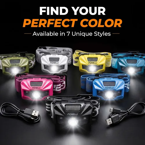 Vista 7 de Foxelli Linterna frontal LED recargable USB‑C – Ultraligero 2.4 oz y brillante 180 lúmenes – Luz roja/blanca, 5 modos, IPX5 impermeable, 40 horas