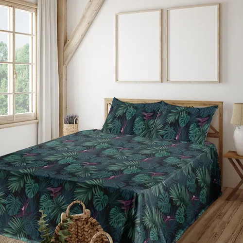 Vista 21 de Ambesonne Juego de sábanas vintage, diseño de curvas de inspiración victoriana, estampado de hojas y flores, sábana bajera y encimera con fundas