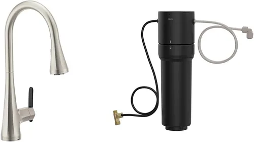 Vista 21 de Moen Sinema grifo de cocina desplegable de acero inoxidable con aumento de potencia y sistema retráctil, llave de cocina moderna de arco alto, fácil