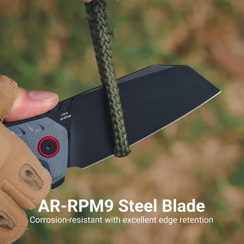 Vista 3 de CJRB Tigris Cuchillo táctico de bolsillo con hoja de acero en polvo AR-RPM9 con PVD negro, mango G10 negro y azul para EDC, camping y caza (J1919)