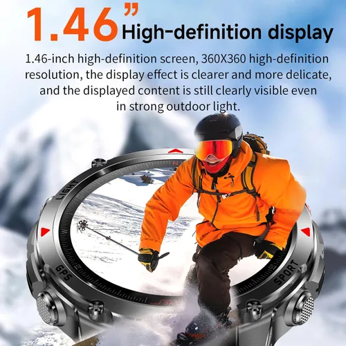 Vista 4 de Reloj inteligente impermeable para exteriores con pantalla de 1.46 pulgadas, GPS, linterna LED, brújula, batería de 540 mAh, más de 100 modos