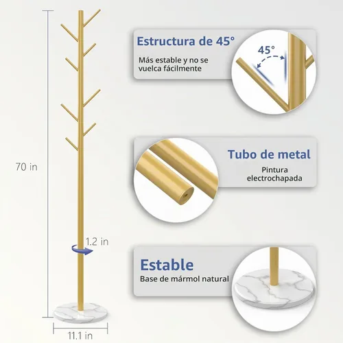 Vista 5 de Durmmur Perchero de Servicio Pesado con Base de Mármol Natural, Soporte de Abrigos de Metal Independiente con 8 Ganchos, Árbol Perchero Moderno