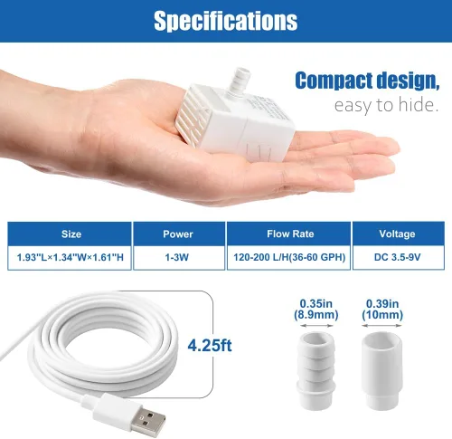 Vista 2 de Bomba de agua sumergible de 200 l/h, ultra silenciosa, USB, bomba de fuente pequeña con 2 boquillas para acuario, fuente de pecera, hidropónico