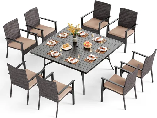 Vista 28 de PHI VILLA Juego de comedor al aire libre de 5 piezas para 4, mesa de comedor cuadrada de metal y sillas de mimbre de ratán con cojines, muebles