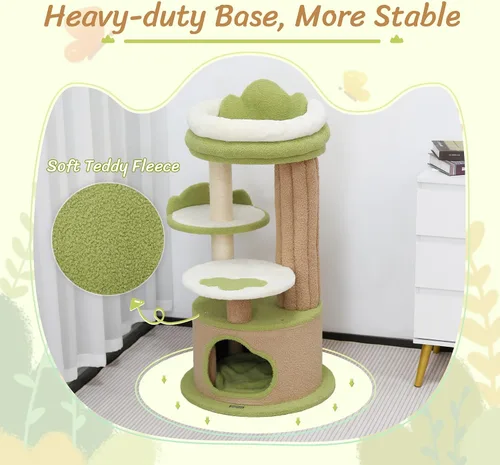 Vista 5 de KAMABOKO Bonito árbol para gatos de 42.5 pulgadas, árbol verde para gatos de interior, torre estética para gatos con forro polar de peluche