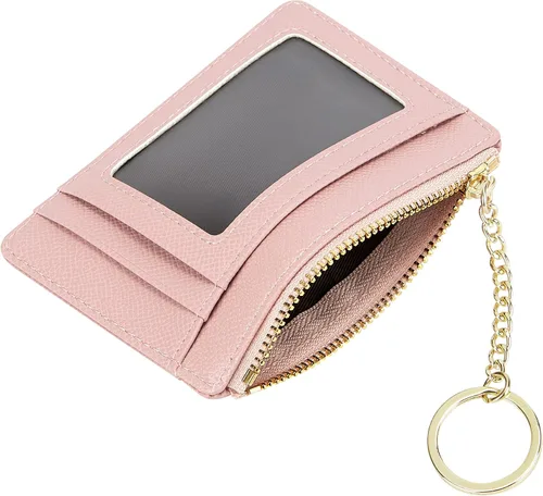 Vista 28 de Tarjetero delgado minimalista para mujer, monedero, monedero, llavero con bolsillo frontal con ventana de identificación