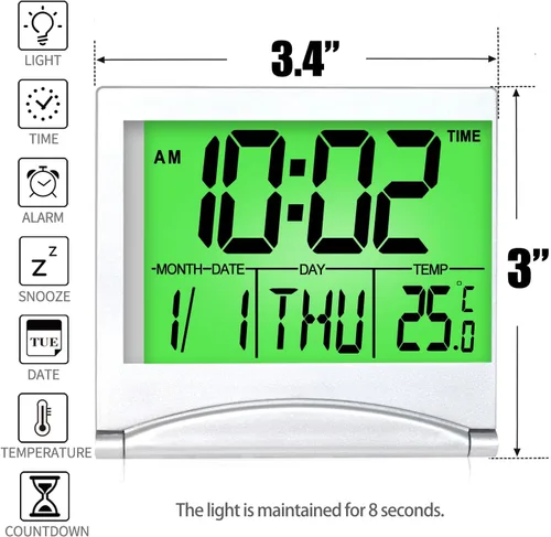 Vista 2 de Betus Reloj despertador digital de viaje con luz de fondo, calendario plegable, temporizador de temperatura, reloj LCD con modo de repetición