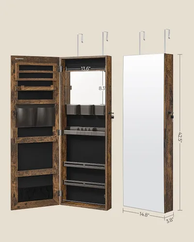 Vista 7 de SONGMICS Armario de joyería organizador de almacenamiento para montaje en paredpuerta con espejo de cuerpo completo armario con cerradura con espejo
