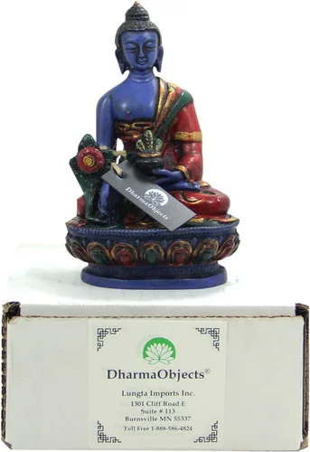 Vista 5 de DharmaObjects Estatua de Buda de medicina curativa tibetana pintada a mano Nepal