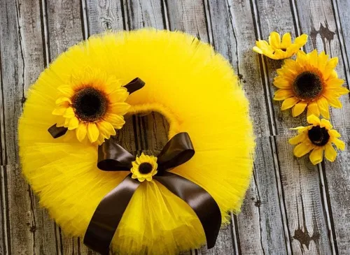Vista 2 de Accesorios de fotografía para recién nacidos, falda tutú de girasol y peleles de encaje rosa con diadema de flores, conjuntos de fotos para bebés