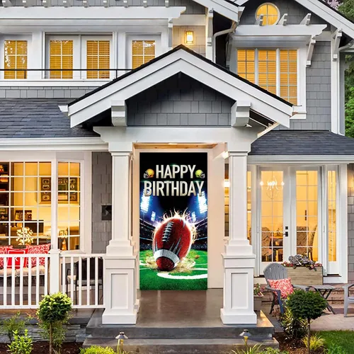 Vista 4 de Cartel de fútbol americano con texto en inglés "Happy Birthday", para jugadores de rugby, decoración de fondo de bandera para fanáticos de primer