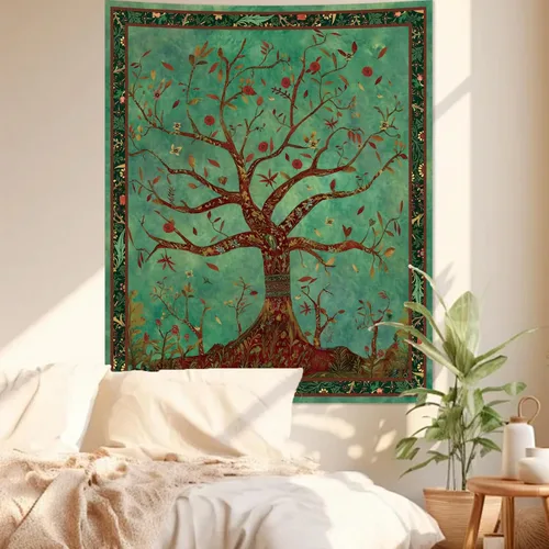 Vista 4 de Apdidl Tapiz Verde del Árbol de la Vida para Dormitorio, Colgante de Pared de Árbol Natural Estético, Tapices Bohemios Hippie Arte de Pared, Manta