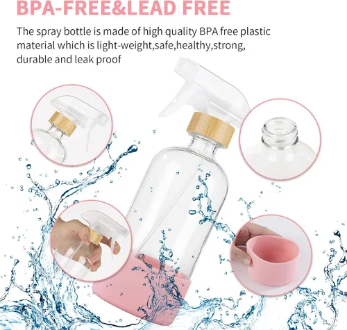 Vista 5 de HOMBYS Botellas vacías de vidrio de bambú con protección de funda de silicona, recipientes de vidrio transparente recargables de 17 onzas