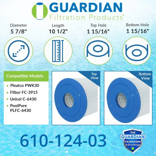 Vista 2 de Guardian Filtration Products Cartucho de filtro de spa 610-124-03 Paquete de tres piezas de repuesto para Pleatco PWK30, Unicel C-6430, Filbur