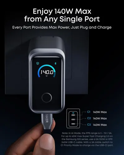 Vista 4 de Cargador Anker Prime, Bloque de Carga GaN USB C Compacto de 160W con 3 Puertos, Pantalla Inteligente y Control Táctil, Carga Máxima de 140W a Través