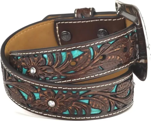 Vista 4 de ARIAT Cinturón floral marrón juvenil con incrustaciones de turquesa pintadas