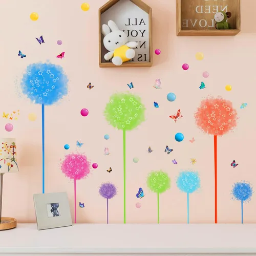 Vista 10 de 2 hojas de calcomanías de pared de flores silvestres de diente de león, calcomanías de arte para pared, despegar y pegar, mariposas florales