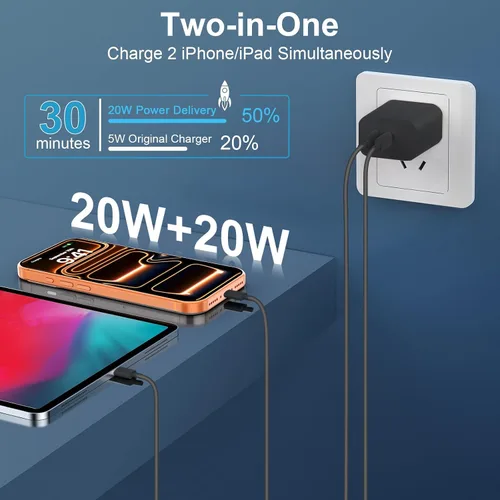 Vista 3 de Cargador para teléfono 15/16/17 Pro Max de carga rápida, bloque de carga USB C de doble puerto de 20 W con cable de carga USB C a C de 6.6 pies